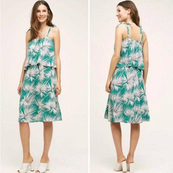 HD IN PARIS Anthropologie Fanned Palm Print Tie Adj Shoulder Strap Overlay Dress - Picture 1 of 10